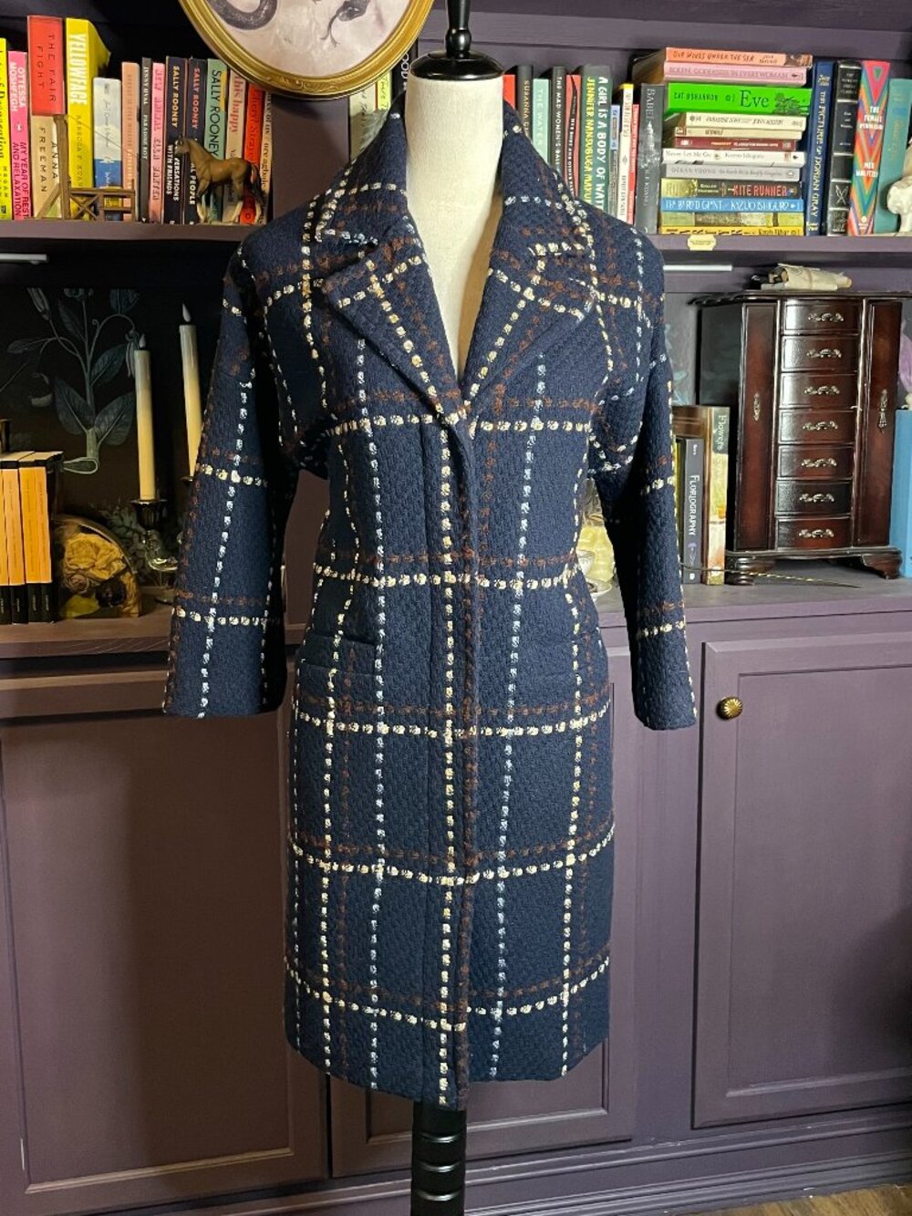 Blue plaid wool blend peacoat